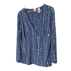 Emma James Nylon Top Blue Embellished 2X babydoll empire waist silver geometric